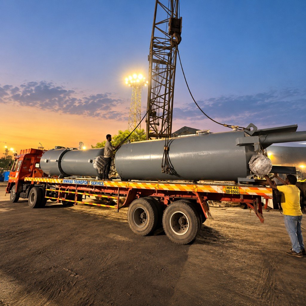 Tank vessel on trailer at dusk