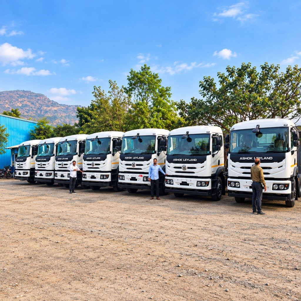 Line of Om Sai Ashok Leyland trucks